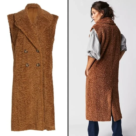 Free People Cozy Time Teddy Longline Vest Cashew Sherpa Duster Coat